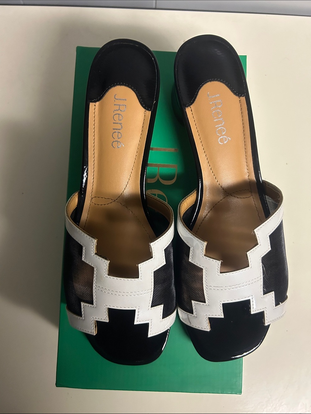 J.Renee Black and White Geometric Slip-On Mules